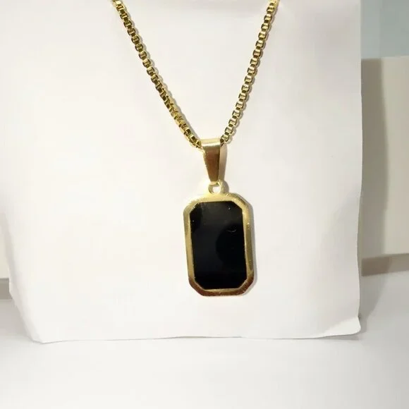18K Gold Plated Stainless Steel Necklace Black Pendant - Picture 7 of 12